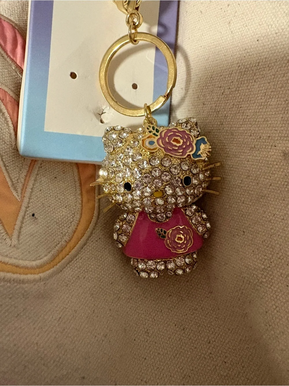 Gold Crystal Hello Kitty Keychain with Pink Accents